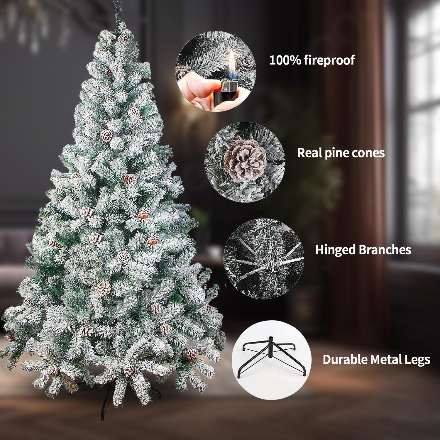 Christmas Decoration Tree - 6ft Christmas Tree Snow Flocked Artificial Tree with Pine Cones and Metal Stand Christmas - Tophatter Daily Deals