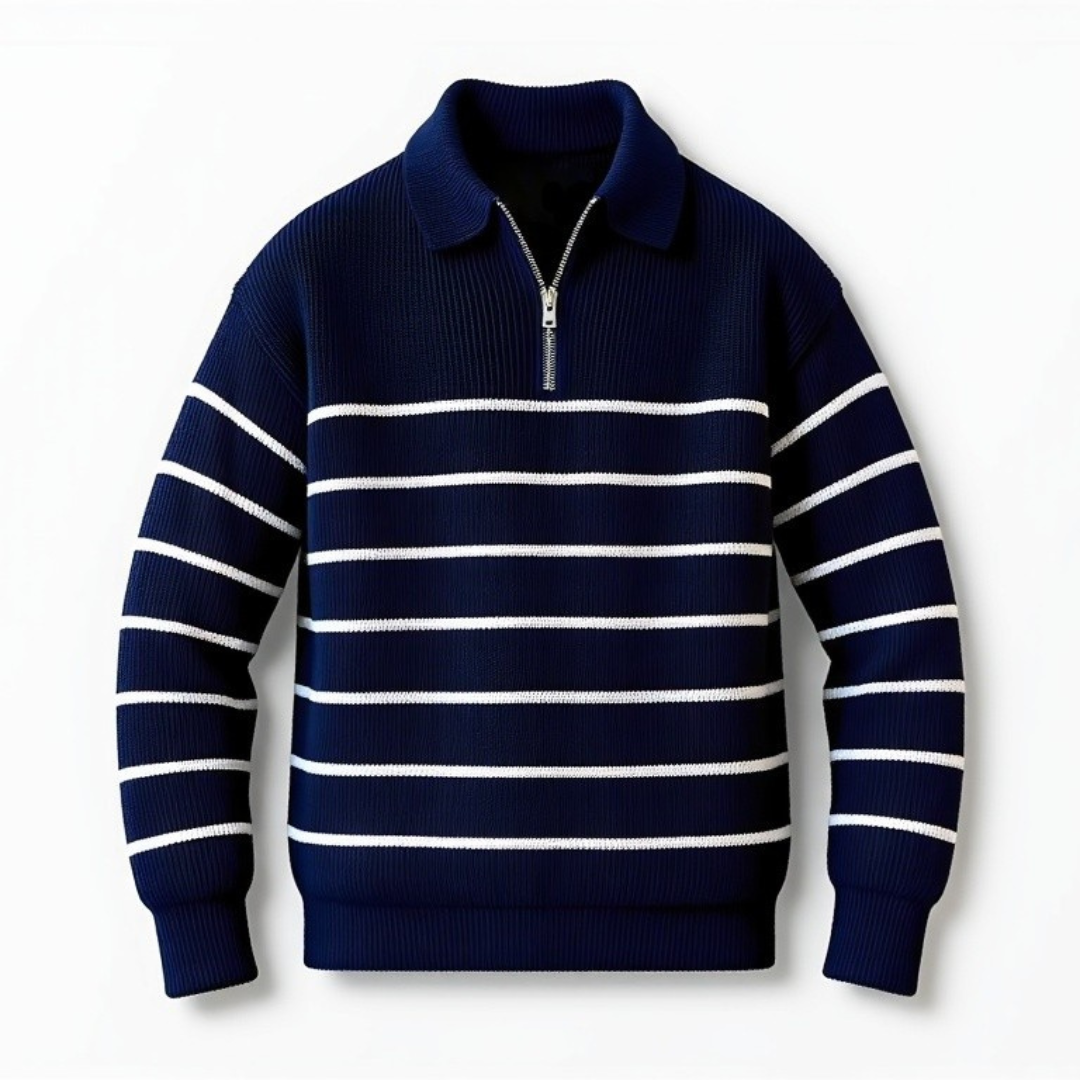 Soft Classic Men’s Striped Sweater - Zip Collar, Cotton Navy blue - Tophatter Daily Deals