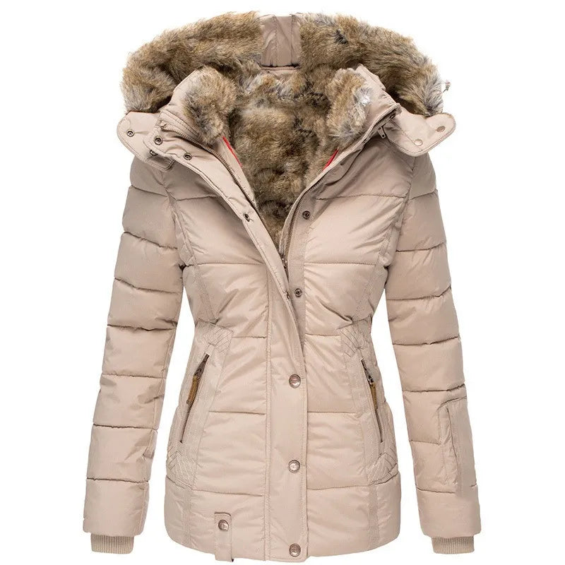 Warm Women’s Winter Coat - Quilted Midlength, Faux Fur Hood Beige - Tophatter Daily Deals