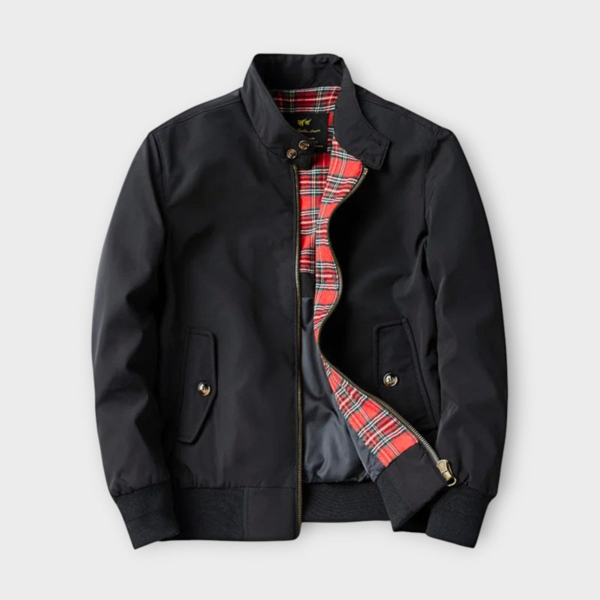 Lightweight Mens Bomber Jacket - Stand Collar, Plaid Lining Black - Tophatter Daily Deals