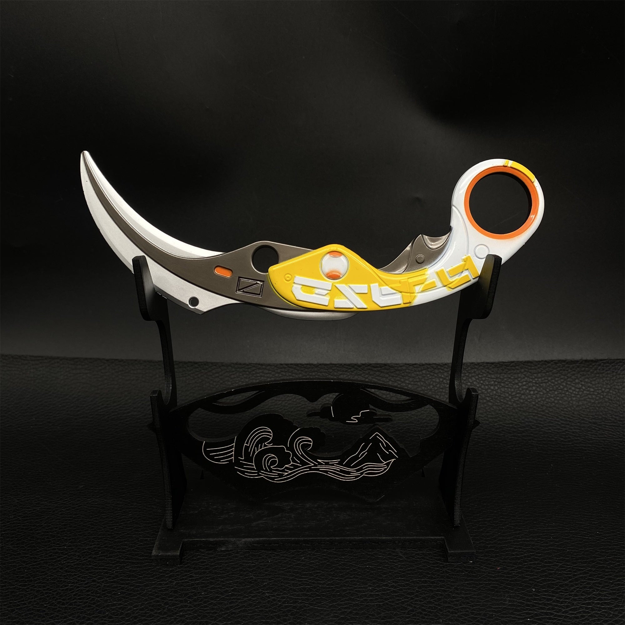 Metal Velocity Karambit Replica Blunt Blade Yellow & Stand - Tophatter Daily Deals