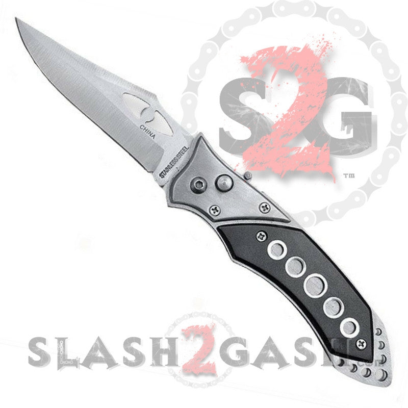Vengence Silver Automatic Knife Black Inlay w/ Silver Eyelets and Saftey Lock Knife-Auto - Tophatter Daily Deals