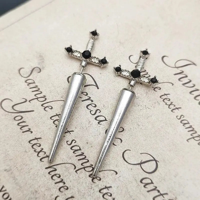 Vintage Dark Gothic Kinitial Sword Earrings For Women Men Dagger Piercing Earring Ear Jacket Punk Goth Halloween Jewelry Gift VGE263-3 1Pair - Tophatter Daily Deals