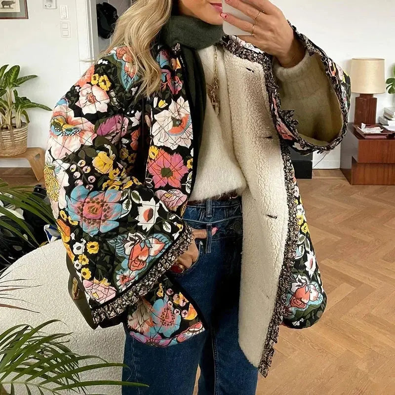 Vintage Floral Flower Printed Cotton Coat Women Fleece Thick Warm Long Sleeve Quilted Jacket Autumn Winter Women's Clothing - Tophatter Daily Deals