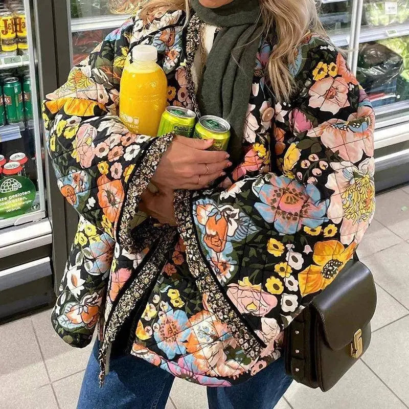 Vintage Floral Flower Printed Cotton Coat Women Fleece Thick Warm Long Sleeve Quilted Jacket Autumn Winter Women's Clothing please select - Tophatter Daily Deals