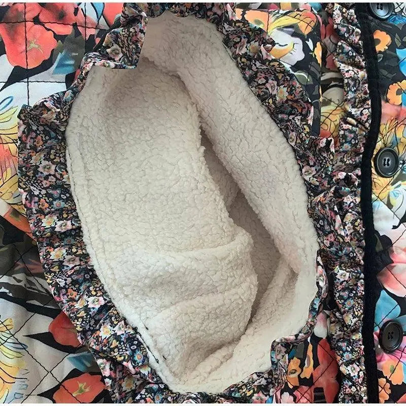 Vintage Floral Flower Printed Cotton Coat Women Fleece Thick Warm Long Sleeve Quilted Jacket Autumn Winter Women's Clothing - Tophatter Daily Deals