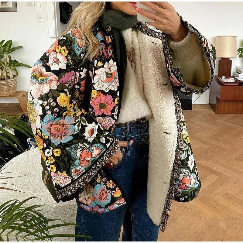 Vintage Floral Flower Printed Cotton Coat Women Fleece Thick Warm Long Sleeve Quilted Jacket Autumn Winter Women's Clothing - Tophatter Daily Deals