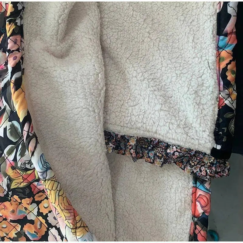 Vintage Floral Flower Printed Cotton Coat Women Fleece Thick Warm Long Sleeve Quilted Jacket Autumn Winter Women's Clothing - Tophatter Daily Deals