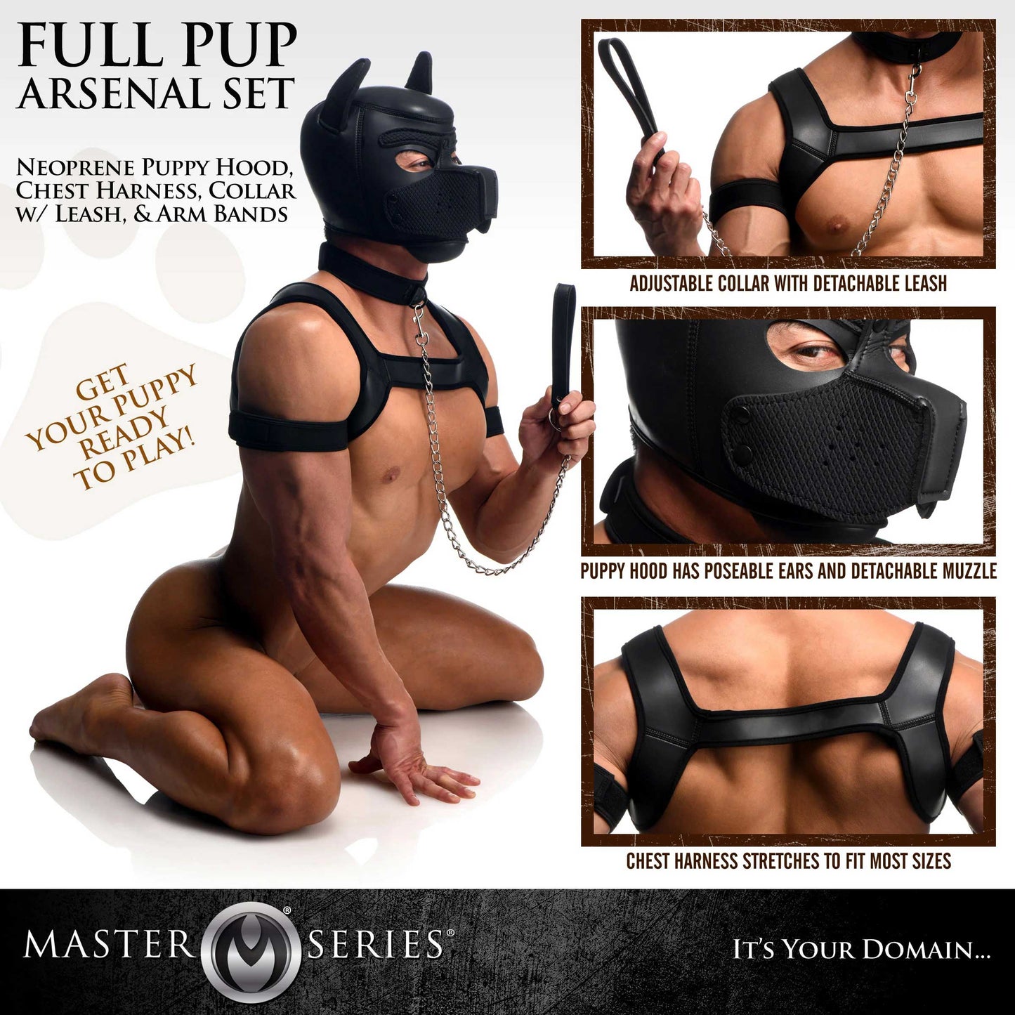 Master Series Full Pup Arsenal Set Black Neoprene Puppy Hood Chest Harness Collar Leash and Arm Bands > Sex Toys > Animal Play - Tophatter Daily Deals