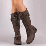 Supportive Women’s Knee Boots - Lace Up Leather, Streetwear Dark Brown - Tophatter Daily Deals