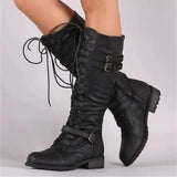 Supportive Women’s Knee Boots - Lace Up Leather, Streetwear Black - Tophatter Daily Deals