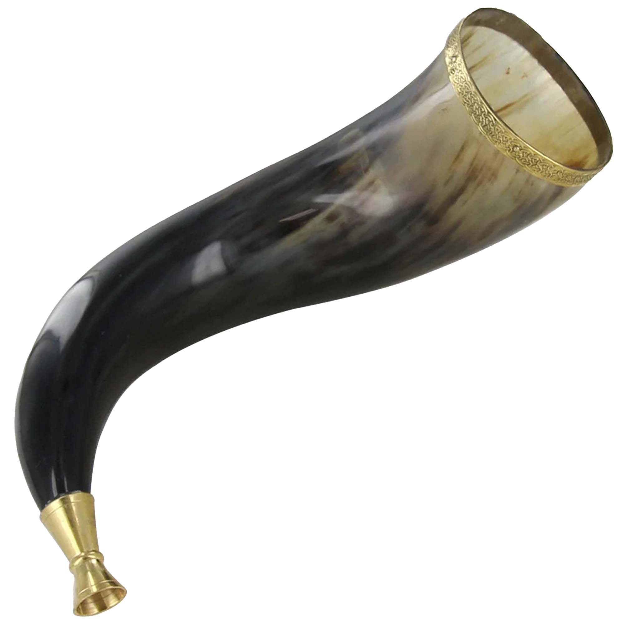 Warriors Call Cow Horn Trumpet with Brass Rim and Celtic Cross Etching historical period - Tophatter Daily Deals