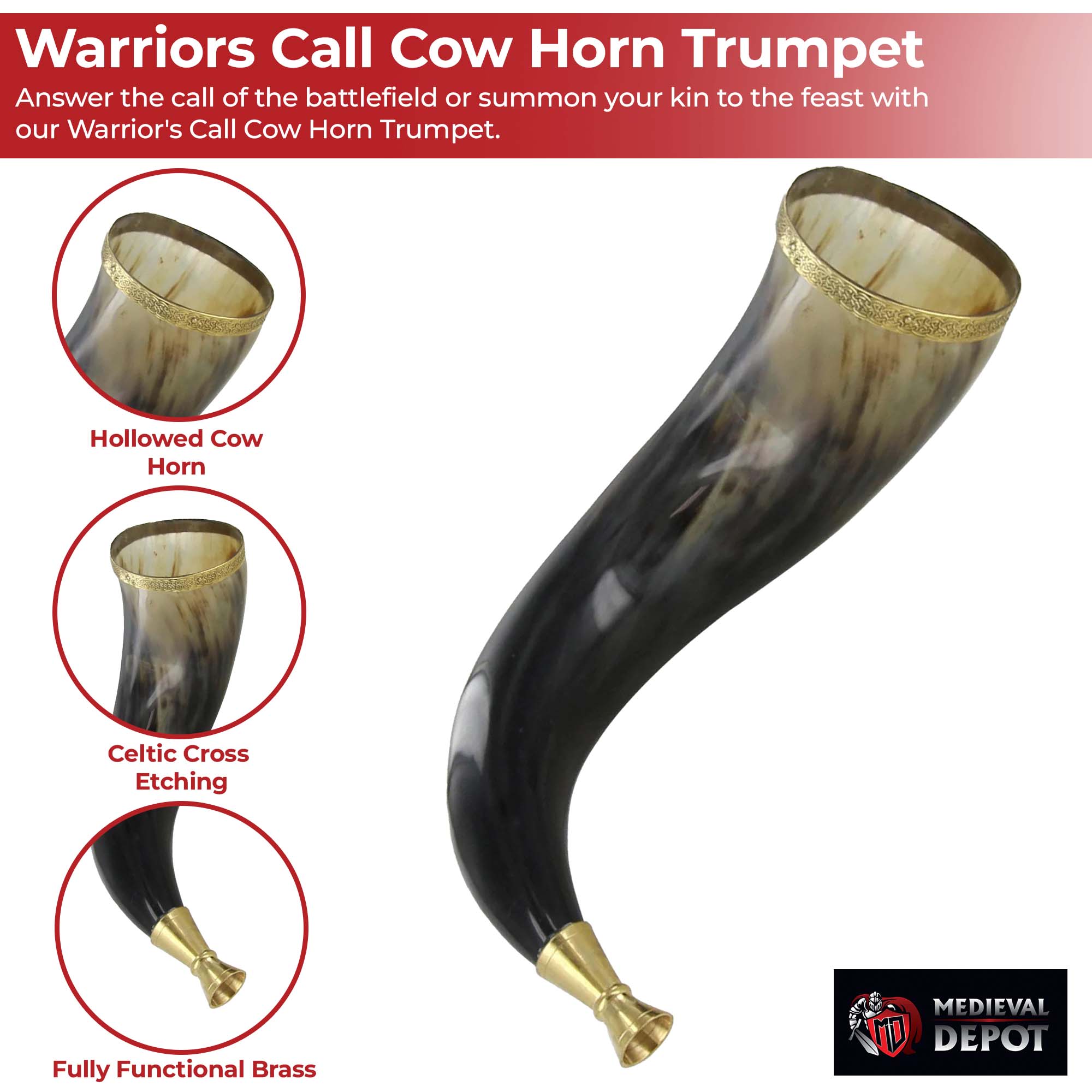 Warriors Call Cow Horn Trumpet with Brass Rim and Celtic Cross Etching historical period - Tophatter Daily Deals