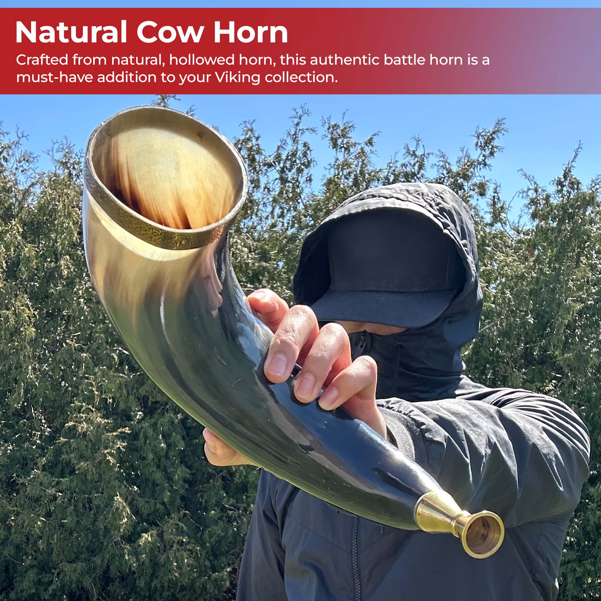 Warriors Call Cow Horn Trumpet with Brass Rim and Celtic Cross Etching historical period - Tophatter Daily Deals