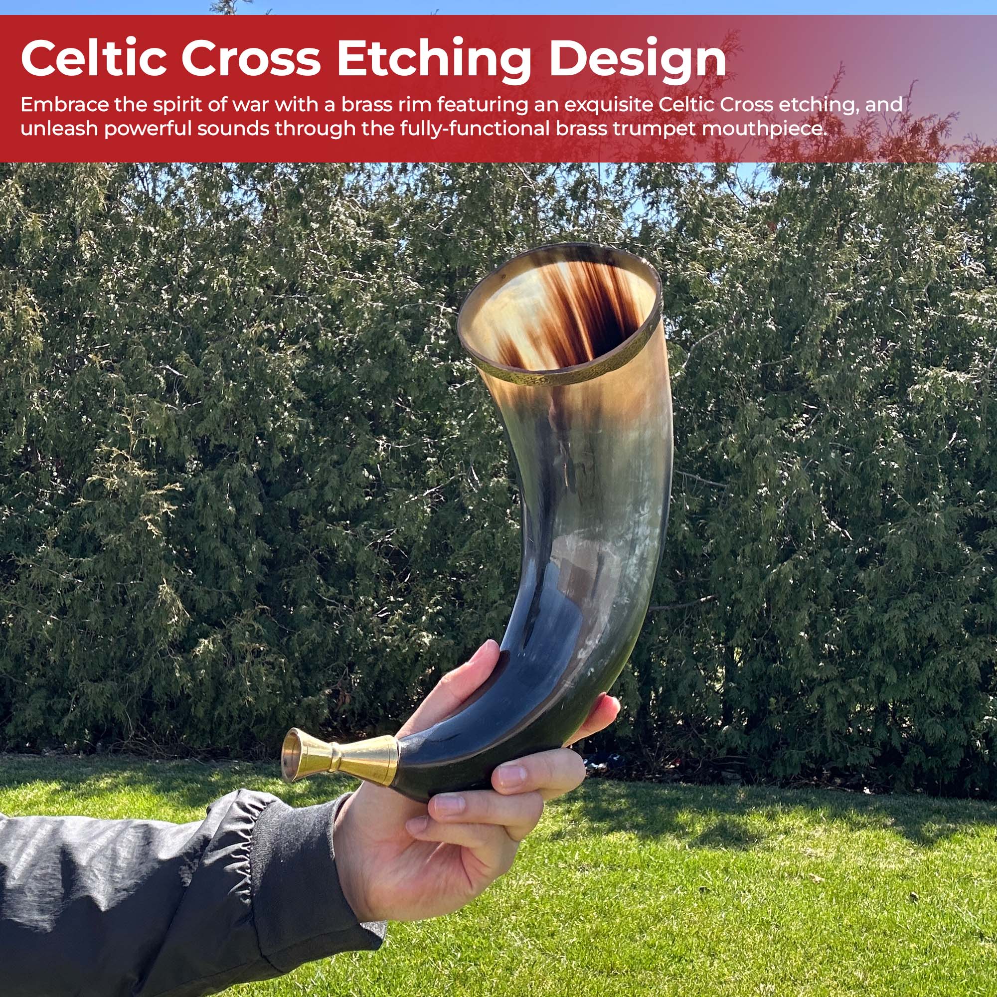 Warriors Call Cow Horn Trumpet with Brass Rim and Celtic Cross Etching historical period - Tophatter Daily Deals
