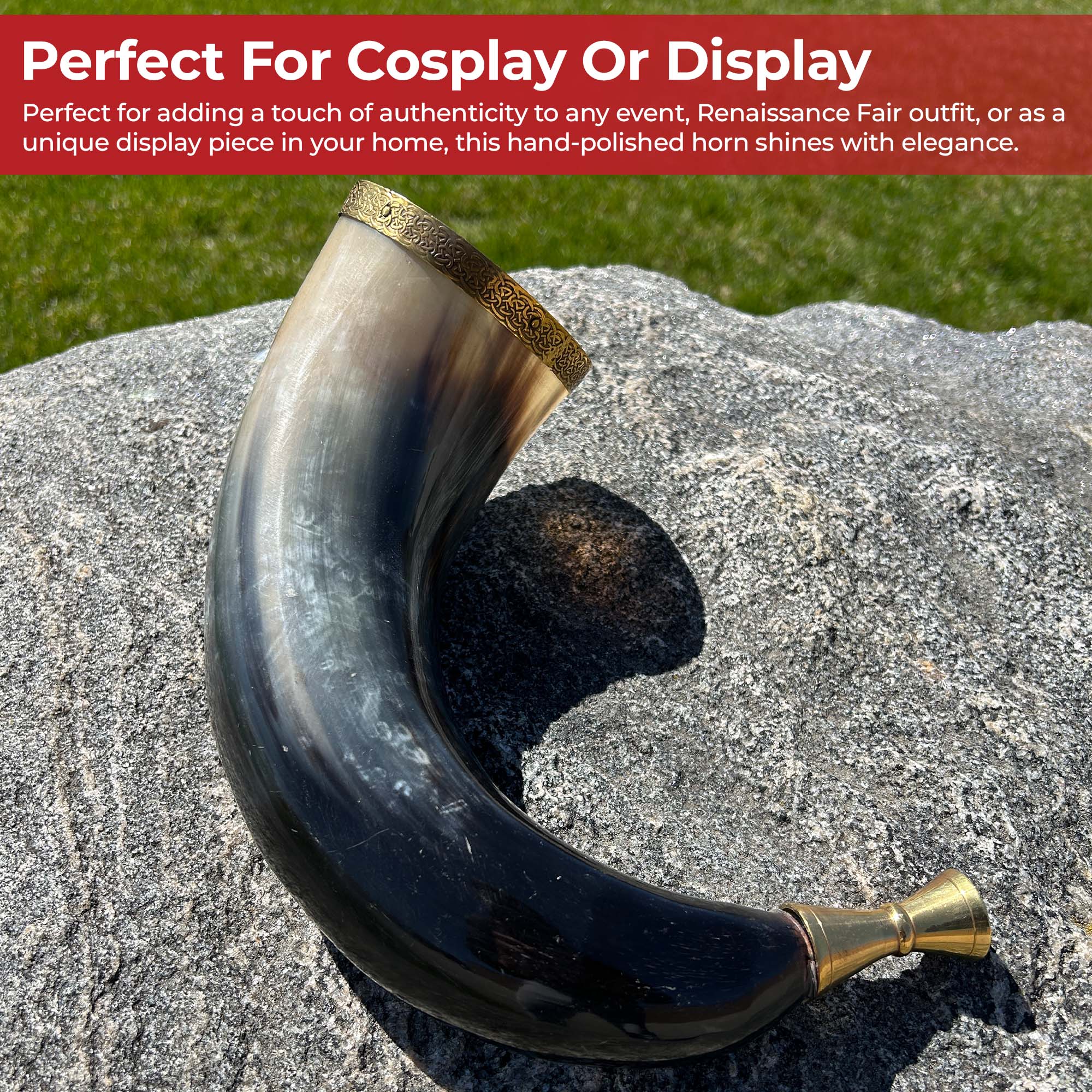 Warriors Call Cow Horn Trumpet with Brass Rim and Celtic Cross Etching historical period - Tophatter Daily Deals