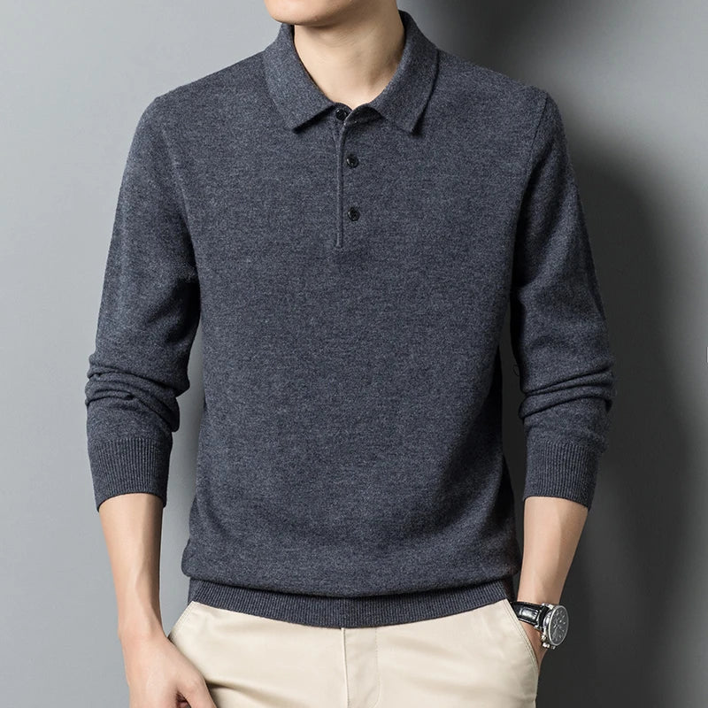 Soft Classic Men's Polo Sweater - Long Sleeve Knit, Casual Gray - Tophatter Daily Deals