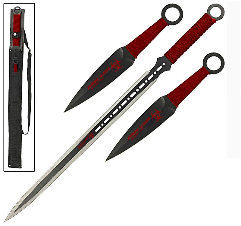 Three Piece Blood Red Ninja Sword Kunai Throwing Knife Set - TOPHATTER'S ARMORY DEALS Collectible Weapons - Tophatter Daily Deals
