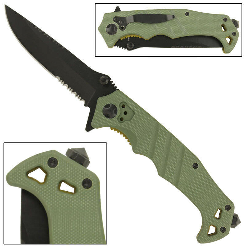 Olive Green Emergency Assisted Folding Slip Resistant Pocket Knife EDC - Tophatter's Guns'N'Weapons Store Collectible Weapons - Tophatter Daily Deals