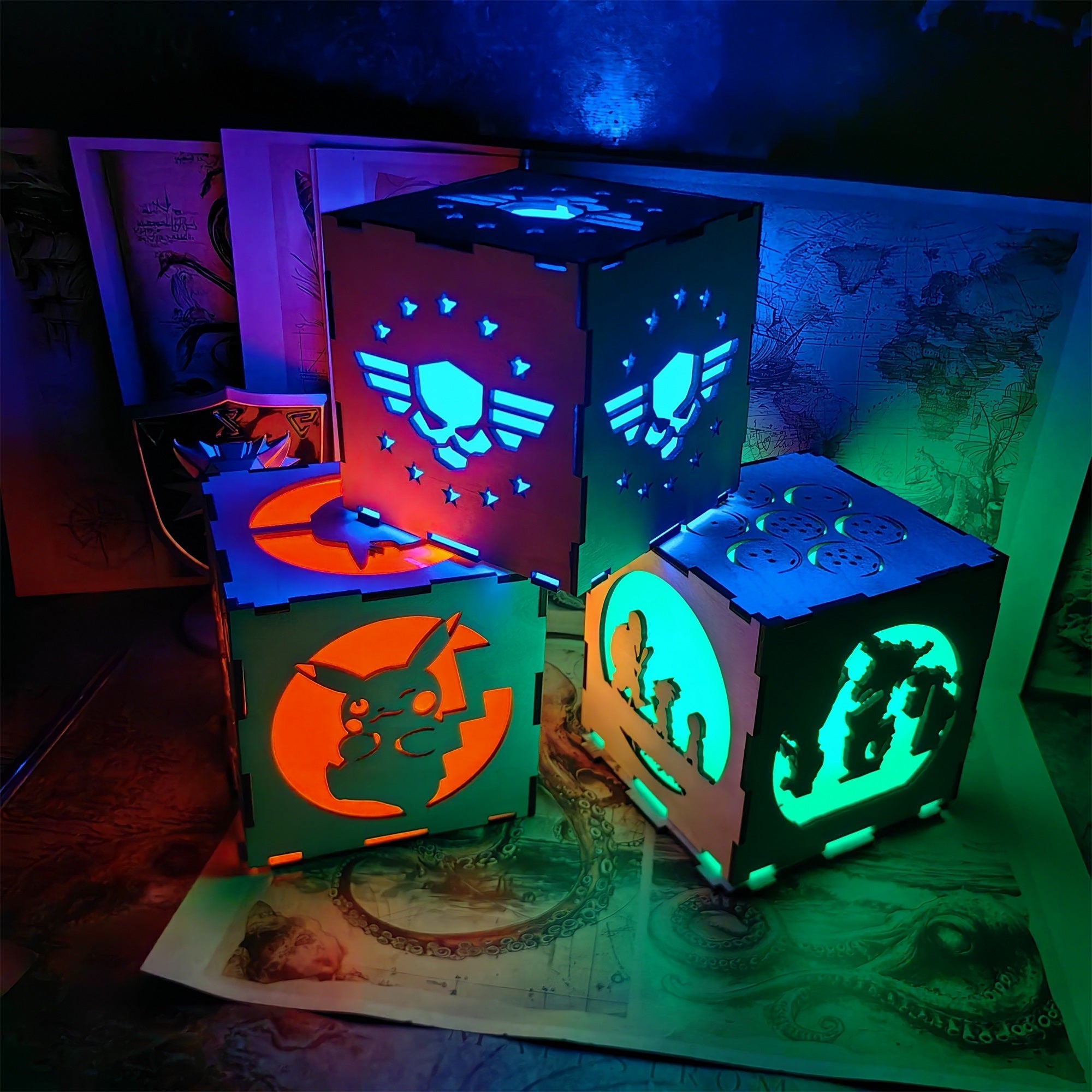 Winged Skull Badge Wood Cube Light Desk Decor - Tophatter Daily Deals
