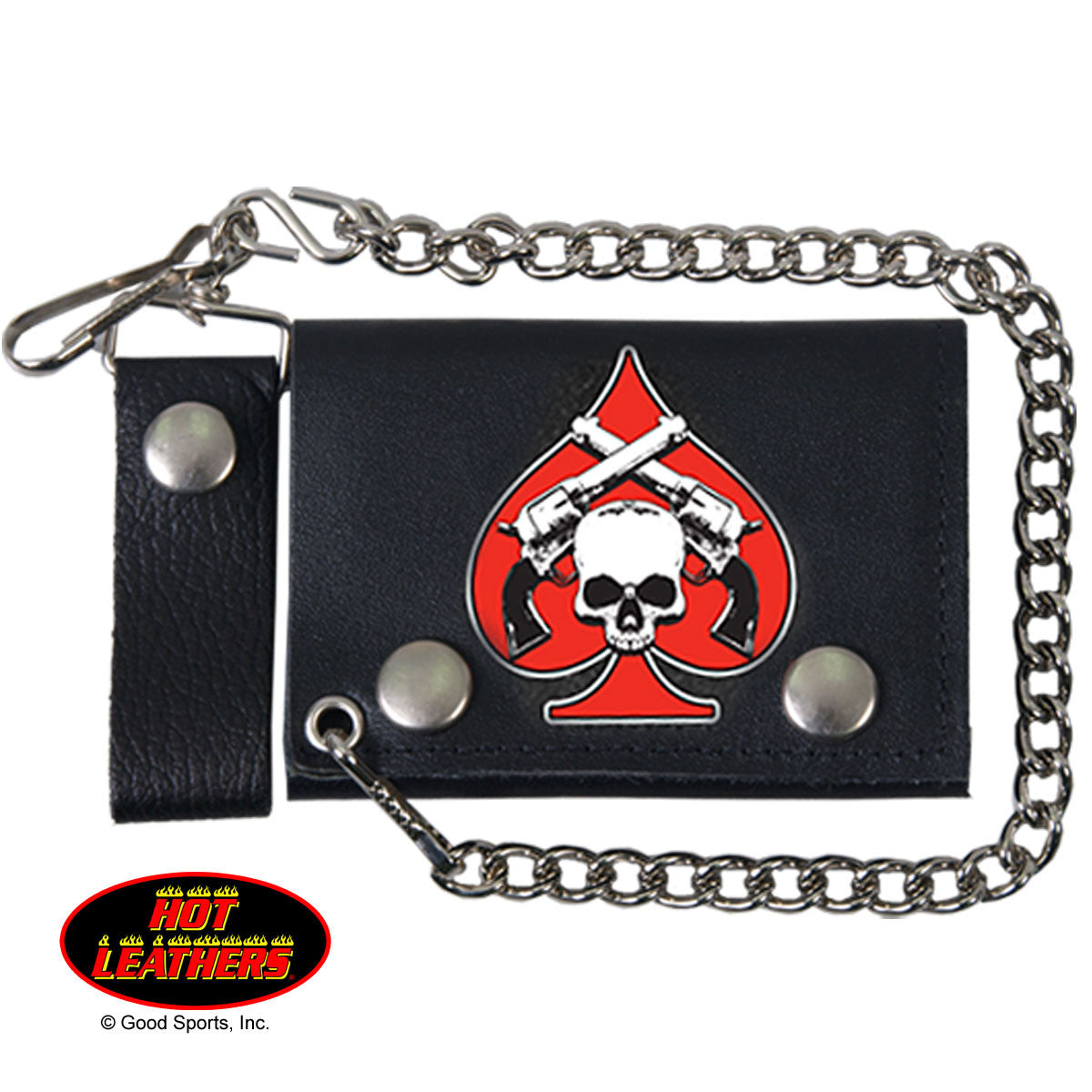 Hot Leathers Spade Skull & Pistols Leather Wallet w/ Chain American Made USA Wallet - Tophatter Daily Deals
