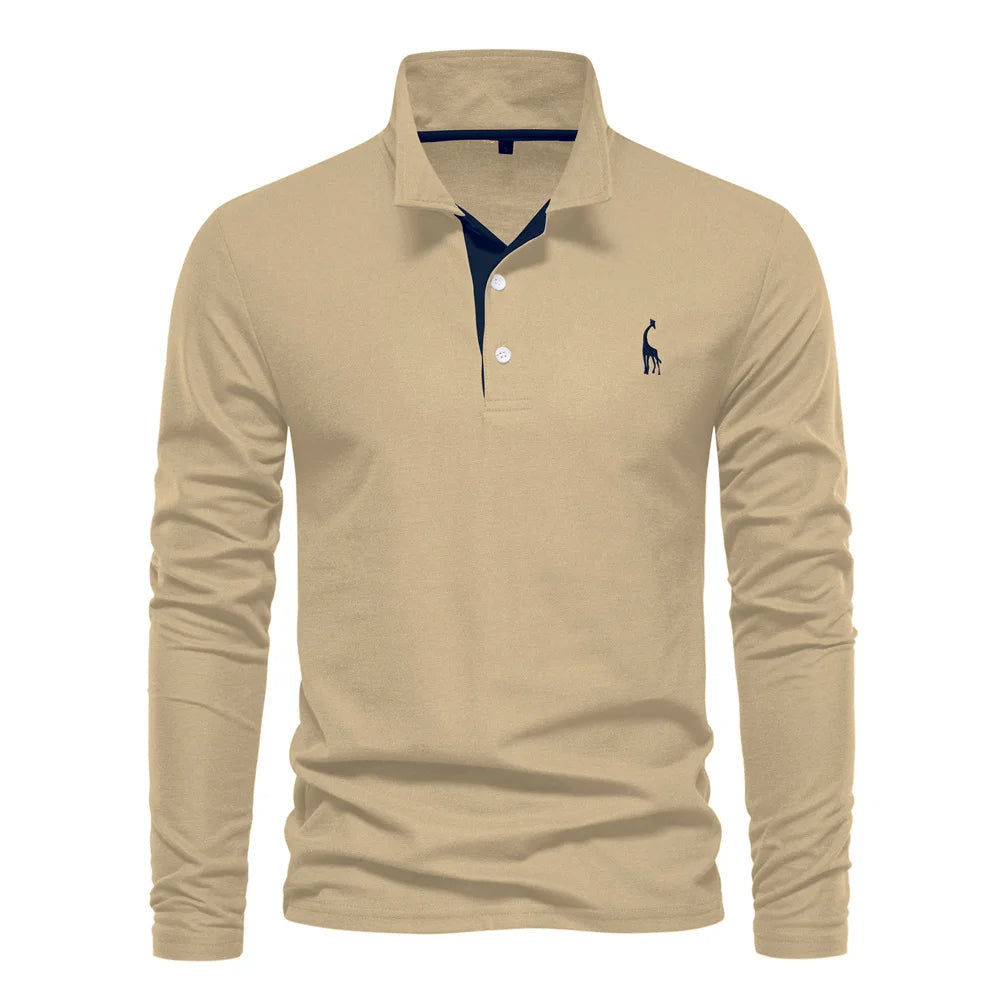 Soft Classic Mens Long Sleeve Polo - Collared Cotton Casual Khaki - Tophatter Daily Deals