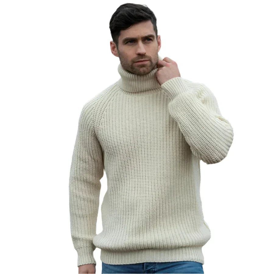 Warm Cozy Men's Turtleneck Sweater - Chunky Ribbed Wool Beige - Tophatter Daily Deals