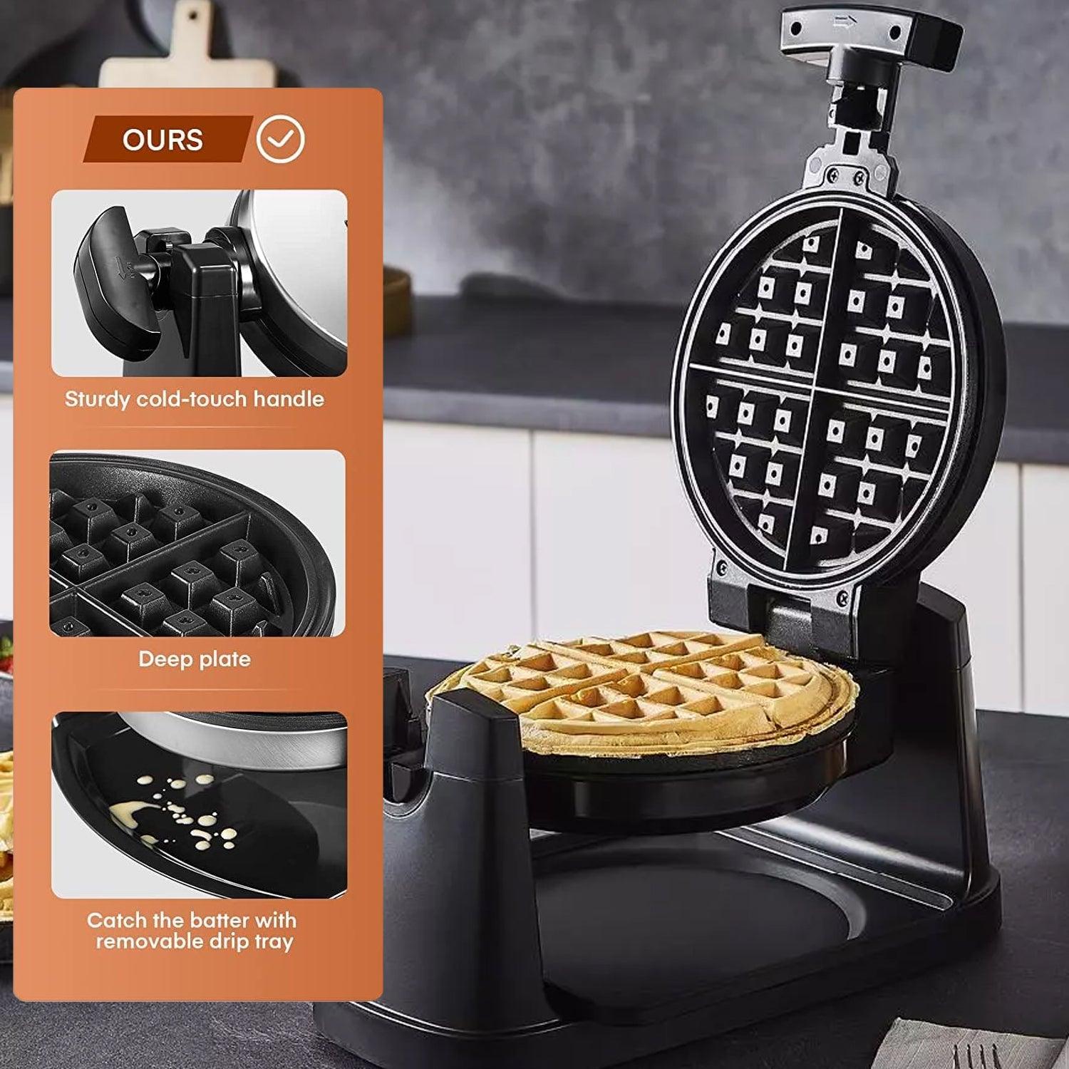 Rotating Waffle Maker - 1000W Non-Stick Rotary Waffle Iron with Auto Temperature Control | Cooks Upto 4 Waffles Electronic - Tophatter Daily Deals