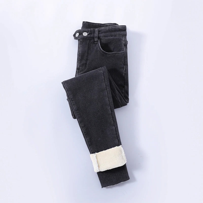 Warm women's high-waisted jeans – fleece-lined, for cold weather Gray jeans - Tophatter Daily Deals