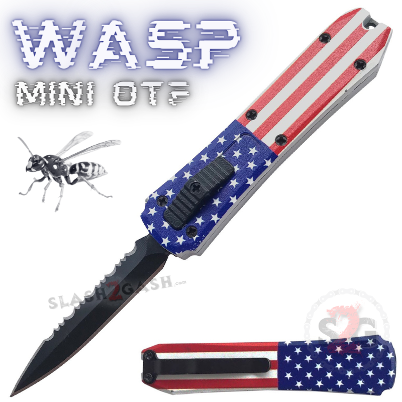 Wasp Mini OTF Knife Small Automatic Switchblade Serrated - Flag USA Knife-OTF - Tophatter Daily Deals