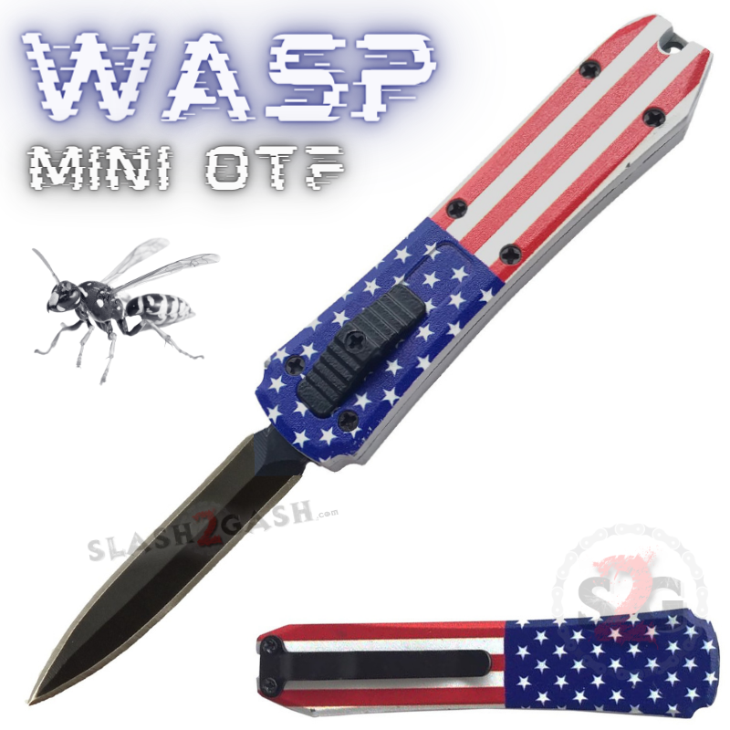 Wasp Mini OTF Knife Small Automatic Switchblade Dagger - Asst. colors Flag USA - Double Edge Plain Knife-OTF - Tophatter Daily Deals