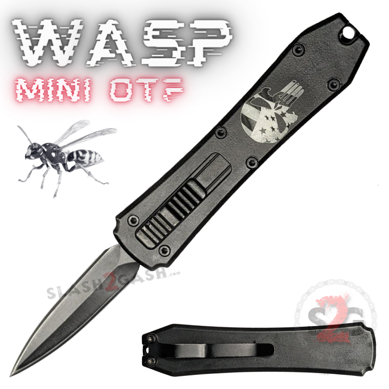 Wasp Mini OTF Knife Small Auto Switchblade Dagger - Punisher Black Knife-OTF - Tophatter Daily Deals