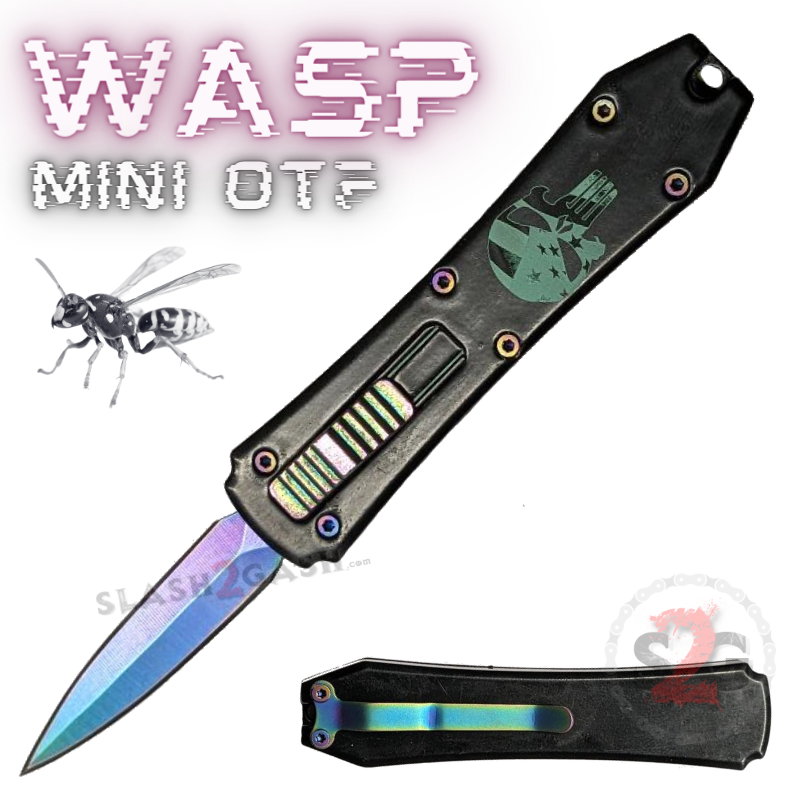 Wasp Mini OTF Knife Small Automatic Switchblade Dagger - Asst. colors Punisher - Black (Rainbow Hardware) Knife-OTF - Tophatter Daily Deals