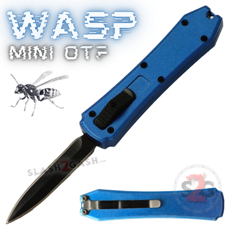 Wasp Mini OTF Knife Small Automatic Switchblade Dagger - Asst. colors Blue (Black Hardware) Knife-OTF - Tophatter Daily Deals