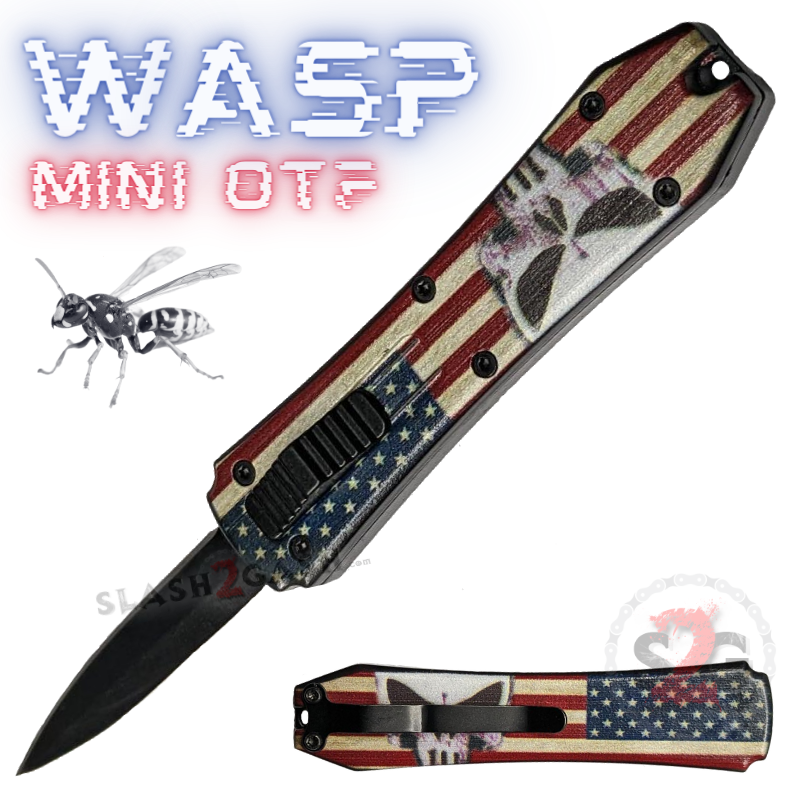 Wasp Mini OTF Knife Small Automatic Switchblade Dagger - Asst. colors Punisher Flag Knife-OTF - Tophatter Daily Deals