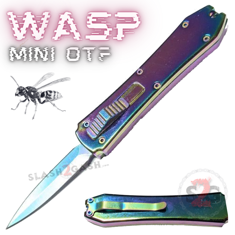 Wasp Mini OTF Knife Small Automatic Switchblade Dagger - Asst. colors Rainbow - Rainbow Blade Knife-OTF - Tophatter Daily Deals