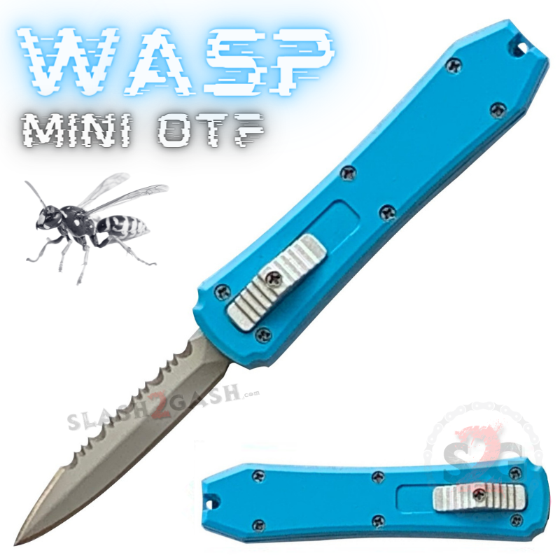 Wasp Mini OTF Knife Small Automatic Switchblade Serrated - Light Blue Knife-OTF - Tophatter Daily Deals