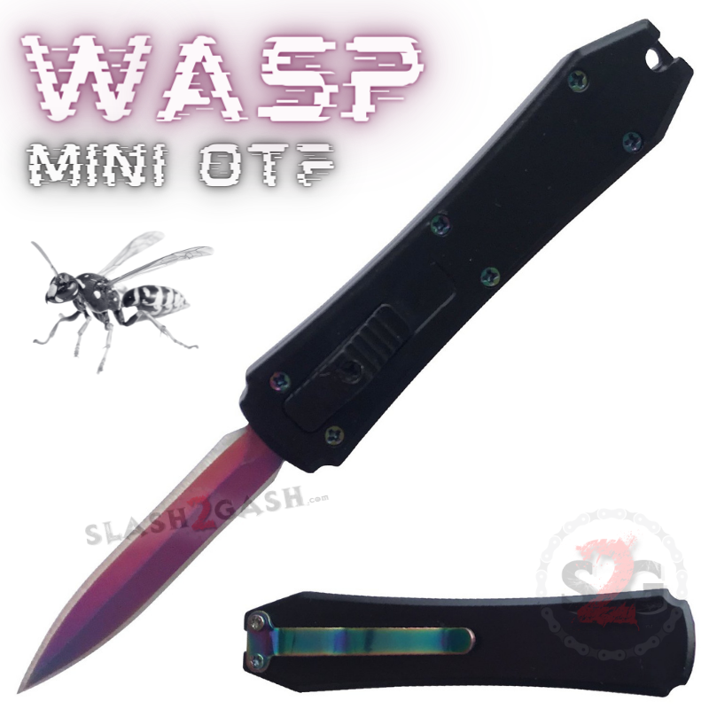 Wasp Mini OTF Knife Small Automatic Switchblade Dagger - Asst. colors Black - Rainbow Blade Knife-OTF - Tophatter Daily Deals