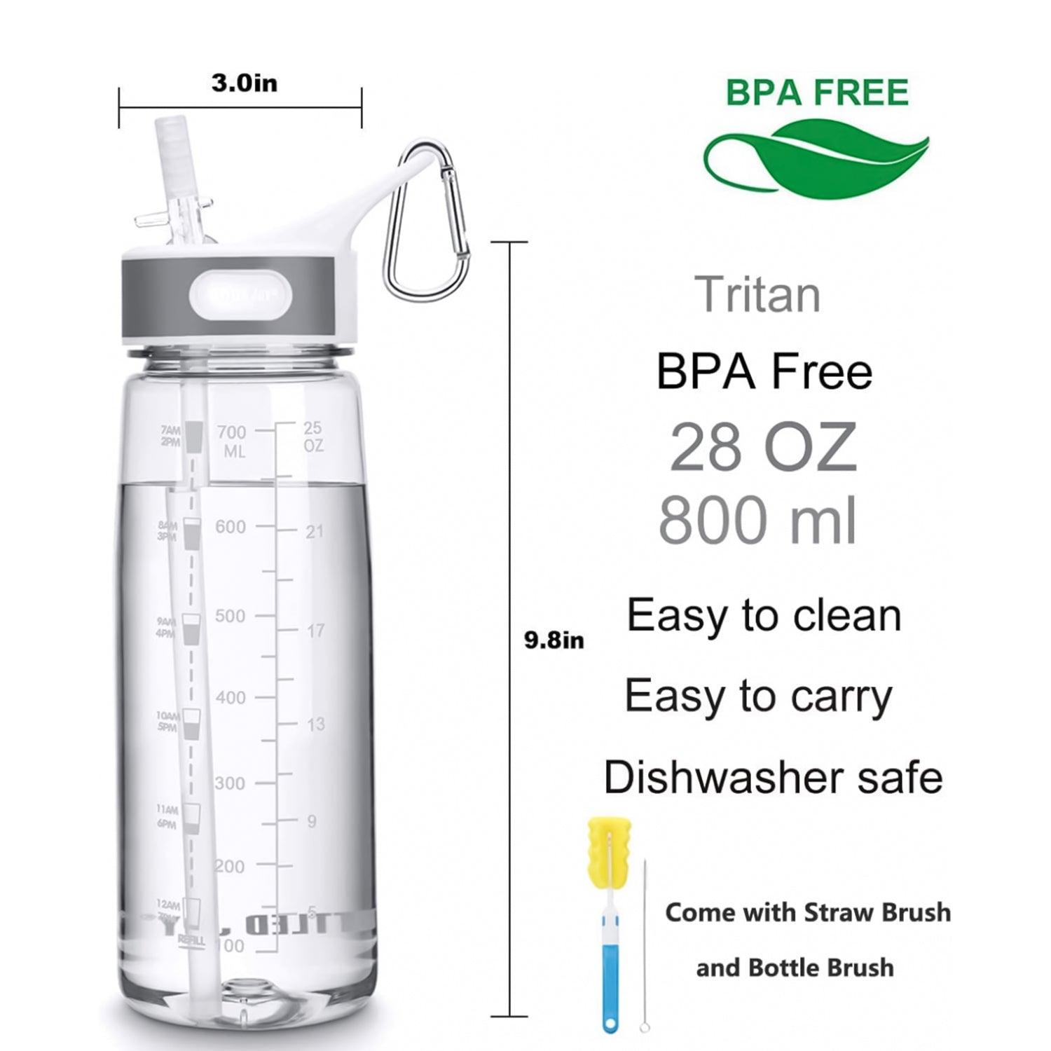Drinks Bottle With Straw - Water Bottle with Straw and Time Marking, 800ml, Clear with Cleaning Kit Sports & Outdoor - Tophatter Daily Deals