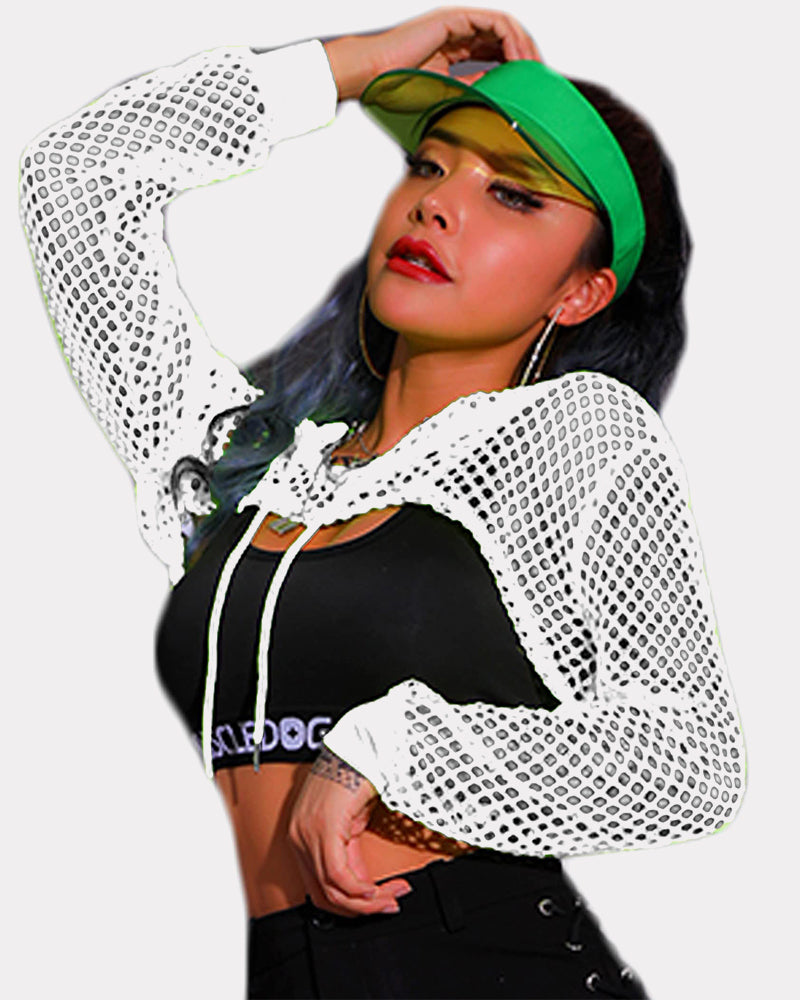 Mesh Hoodie Crop Top Fishnet Shirt (DE Only) White Lingeries-Crop tops - Tophatter Daily Deals