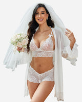 3 Piece Lace Kimono Robe with Bra and Panty White Lingerie Sets-Bra Sets - Tophatter Daily Deals