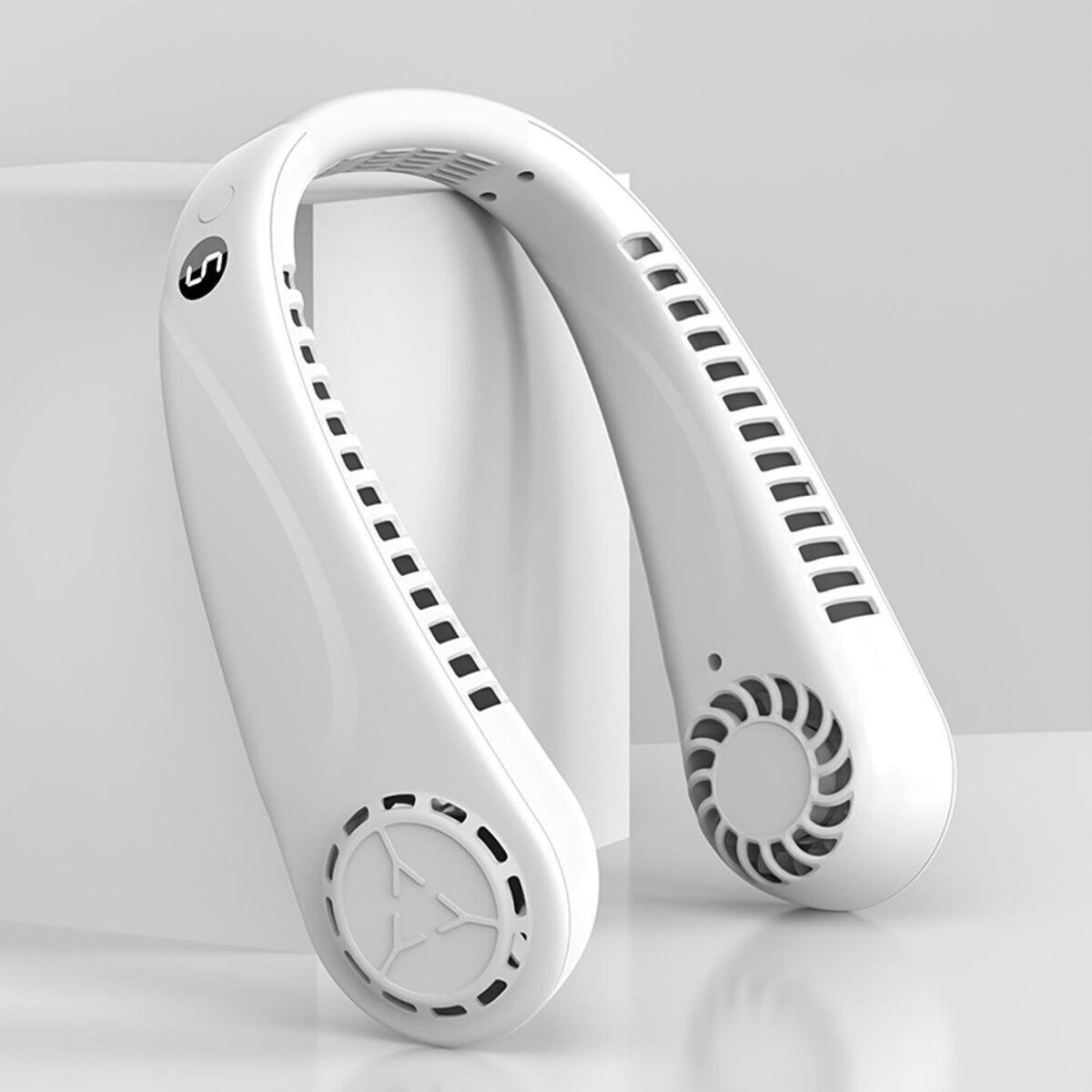 Portable Neck Fans - Portable 5 Speed Neck Fan USB Rechargeable Neckband Bladeless Cooler White Apparel & Accessories - Tophatter Daily Deals