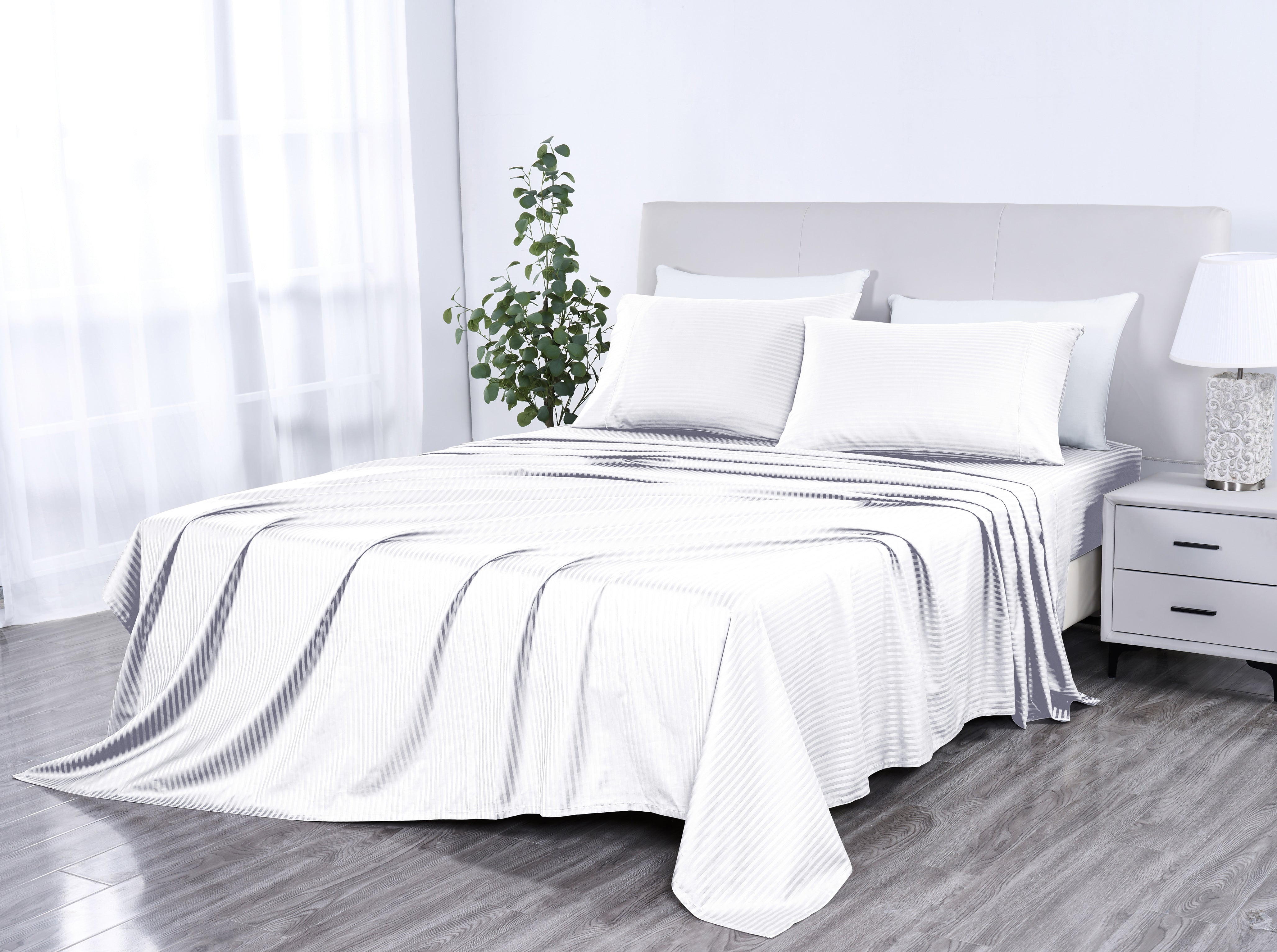 Kathy Ireland 500 Thread Count Damask Stripe Sheet Set with Optifit White Bedding - Tophatter Daily Deals