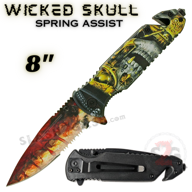 Wicked Skull Spring Assisted Rescue Knife w/ Drop Point Serrated Wicked Skull Knife-Assist - Tophatter Daily Deals