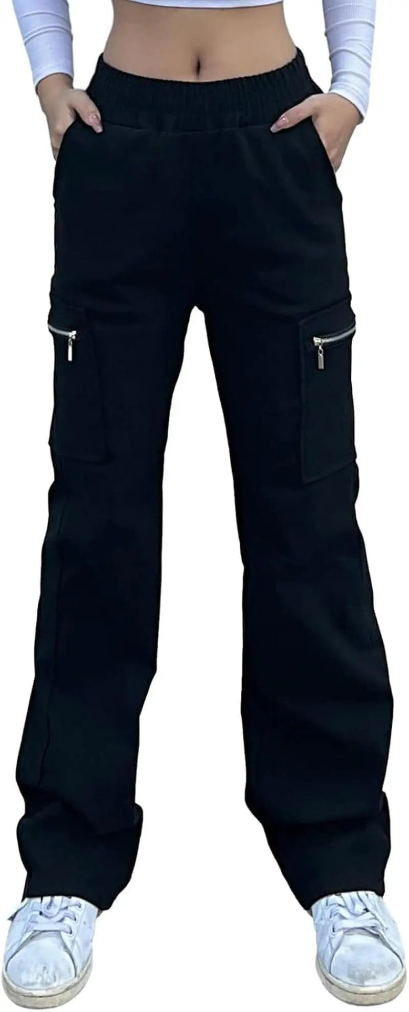 Wide Leg Straight Cargo Pants with Zipper, Stretch Pockets, Long High-Waisted pants - Tophatter Daily Deals