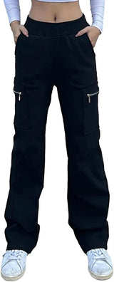 Wide Leg Straight Cargo Pants with Zipper, Stretch Pockets, Long High-Waisted pants - Tophatter Daily Deals