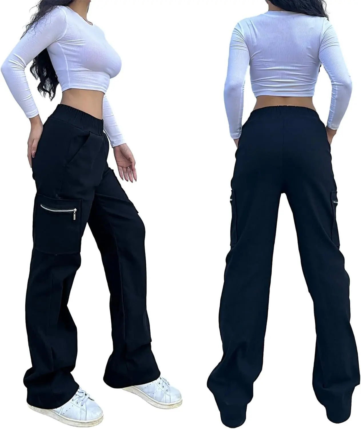 Wide Leg Straight Cargo Pants with Zipper, Stretch Pockets, Long High-Waisted pants - Tophatter Daily Deals