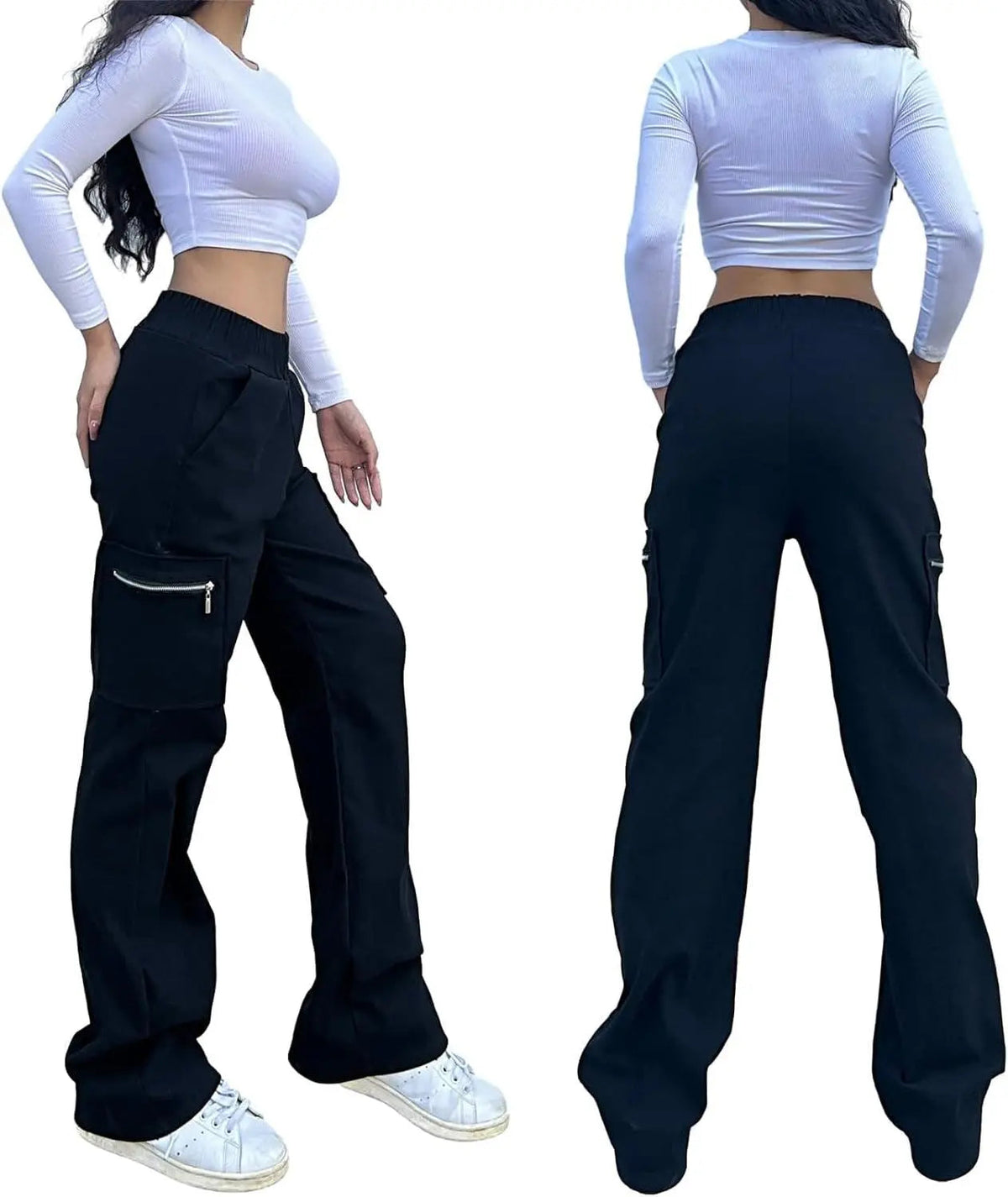 Wide Leg Straight Cargo Pants with Zipper, Stretch Pockets, Long High-Waisted pants - Tophatter Daily Deals