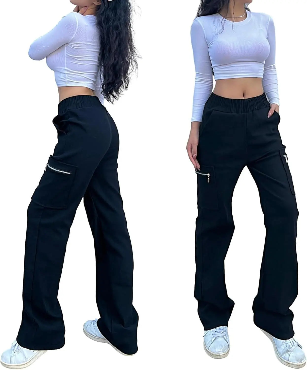 Wide Leg Straight Cargo Pants with Zipper, Stretch Pockets, Long High-Waisted pants - Tophatter Daily Deals