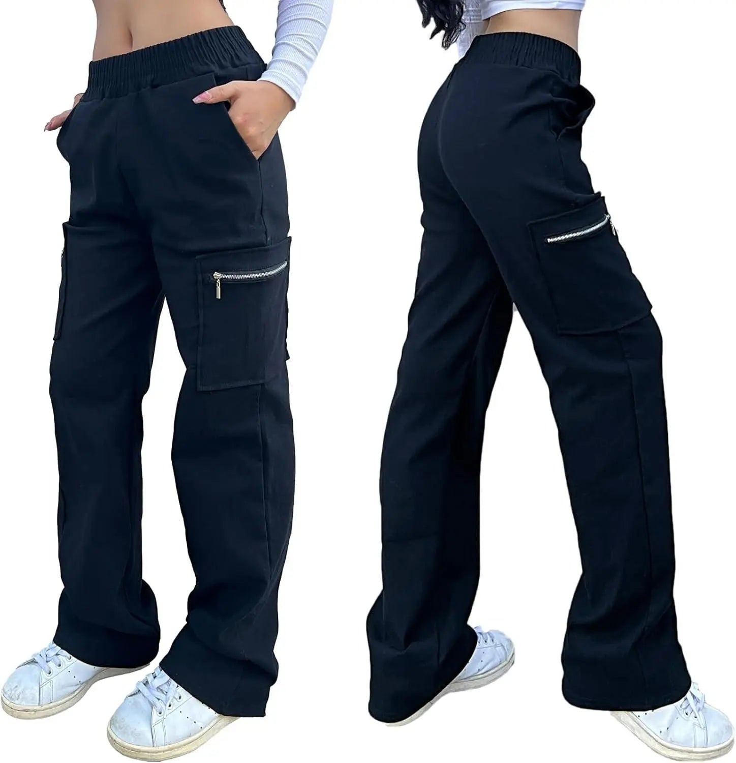 Wide Leg Straight Cargo Pants with Zipper, Stretch Pockets, Long High-Waisted pants - Tophatter Daily Deals
